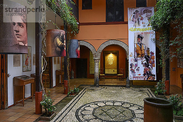Dekoratives Interieur einer Synagoge mit ausgestellten Kunstwerken und einem Davidstern auf dem Boden  Jüdisches Viertel von Cordoba; Cordoba  Spanien