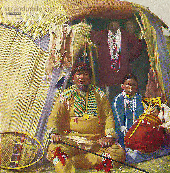 Stereoskop 1898 T.W. Ingersoll. Eine handkolorierte Fotografie: Häuptling Blackhawk  Squaw und Pappoose