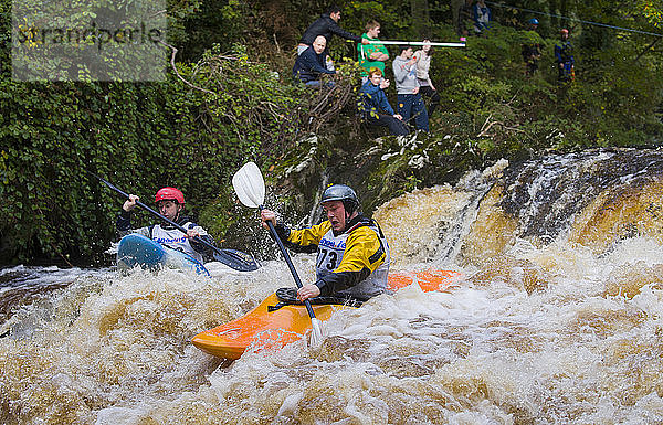 Kajaks rasen die Stromschnellen hinunter  während die Zuschauer beim Carna Kayak Event vom Ufer aus zusehen; Buncrana  Grafschaft Donegal  Irland
