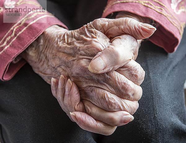 Die Hände einer älteren Frau sind in nachdenklicher Ruhe gefaltet; Olympia  Washington  Vereinigte Staaten von Amerika