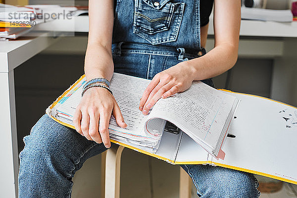 Junge Studentin mit Aktenordner beim Lernen