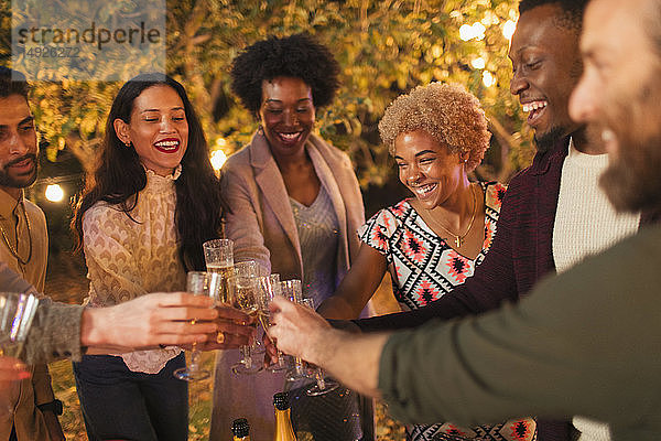 Fröhliche Freunde feiern  stoßen mit Champagner bei einer Gartenparty an