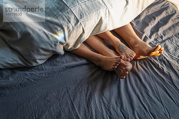 Füße eines Paares  die im Bett unter der Bettdecke hervorstehen