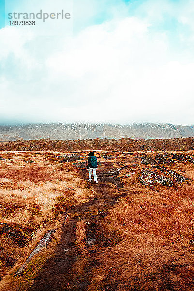 Touristisches Wandern in der Herbstlandschaft Londrangar  Snaefellnes Westfjords  Island