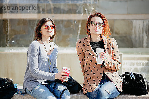 Freundinnen bei der Kaffeepause vor dem Springbrunnen  Arezzo  Toskana  Italien