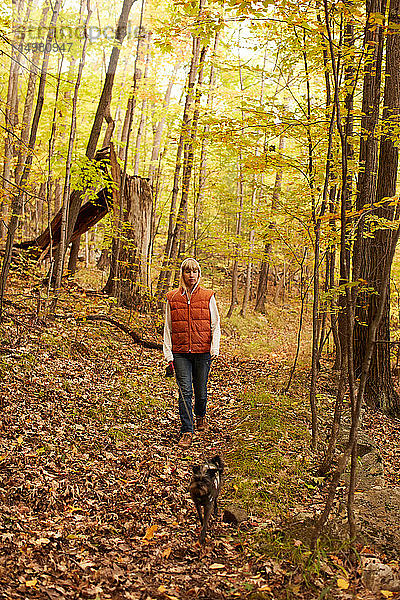 Frau beim Hundeausführen im Wald