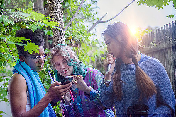 Drei männliche und weibliche Teenager im Garten beim Blick auf das Smartphone