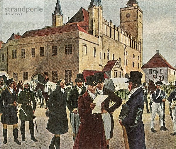 Vor dem Rathaus von Reichenbach in Schlesien während des Waffenstillstandes  1813  (1936). Schöpfer: Unbekannt.