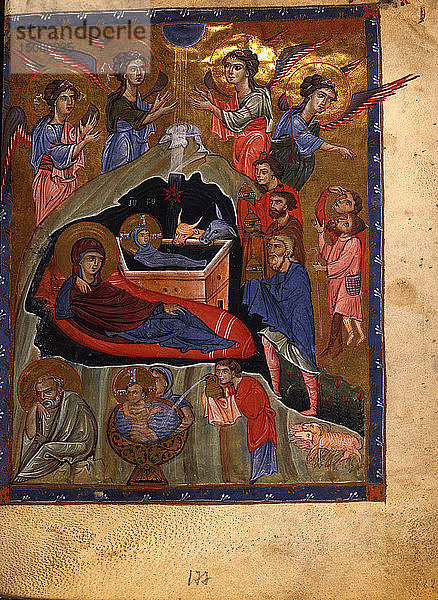 Die Geburt Christi (Handschriftenillumination aus dem Matenadaran-Evangelium)  1268.