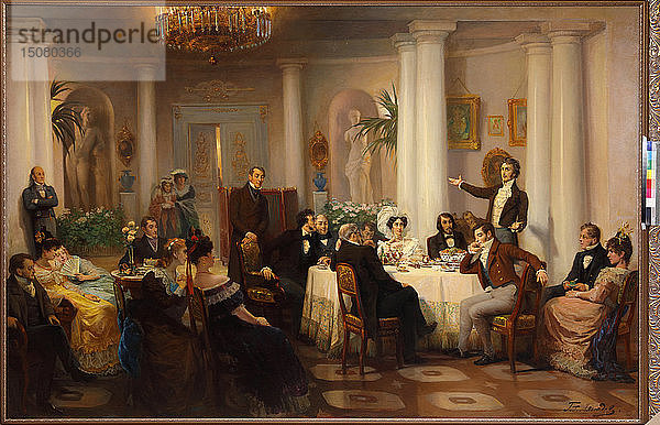 Puschkin und seine Freunde hören Adam Mickiewicz im Salon der Fürstin Sinaida Wolkonskaja zu  1899 Schöpfer: Mjasojedow  Grigori Grigorjewitsch (1834-1911).