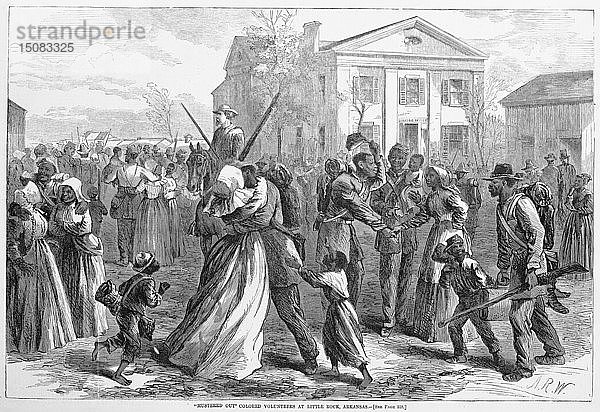 Ausgemusterte farbige Freiwillige in Little Rock  Arkansas  aus Harper's Weekly  pub. 1866. Schöpfer: Alfred Rudolph Waud (1828 -91).