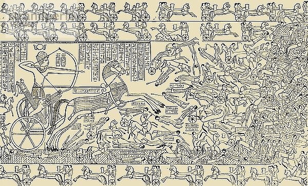 Eine Schlachtszene aus dem Rameseum in Theben   1890. Schöpfer: Unbekannt.
