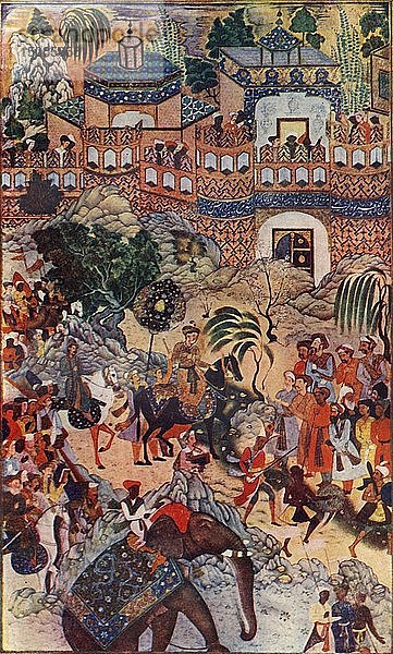 Der große Kaiser Akbar betritt seine Stadt im Prunk   1572  (1590-1595)  (um 1930). Schöpfer: Farrukh Beg.
