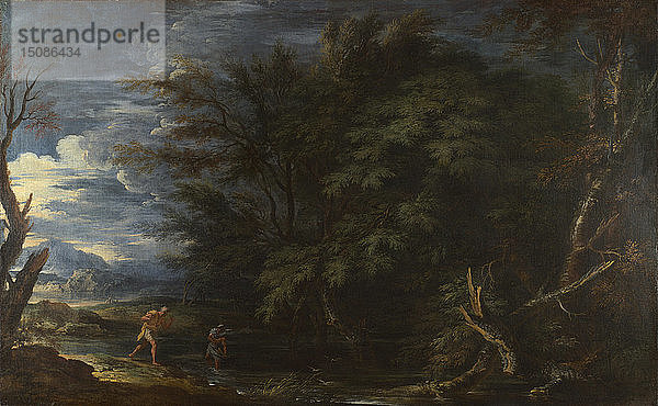 Landschaft mit Merkur und dem unehrlichen Holzfäller  um 1663. Schöpfer: Rosa  Salvatore (1615-1673).