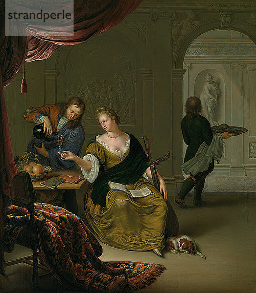 Die vernachlässigte Laute (Eine Dame mit einer Laute  die in einem reichen Interieur Wein trinkt)  1705. Schöpfer: Mieris  Willem van (1662-1747).
