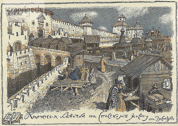 Buchläden auf der Christ-Erlöser-Brücke in Moskau  Anfang der 1920er Jahre. Schöpfer: Vasnetsov  Appolinari Mikhaylovich (1856-1933).