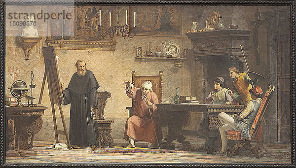 Piero della Francesca diktiert Luca Pacioli die Regeln der Geometrie. Schöpfer: Tricca  Angelo (1817-1884).