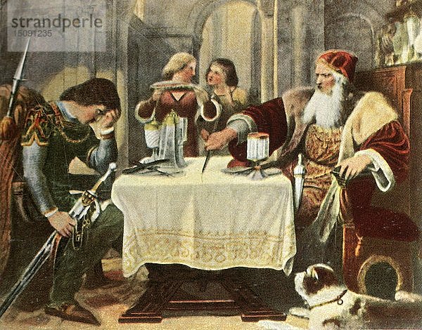 Eberhard schneidet das Tischtuch zwischen sich und seinem Sohn Ulrich in der Mitte durch  1377  (1936). Schöpfer: Unbekannt.