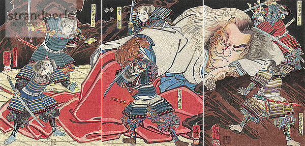 Minamoto no Yorimitsu und seine Gefolgsleute greifen das betrunkene Ungeheuer Shuten-doji auf dem Berg Oe an  1851.