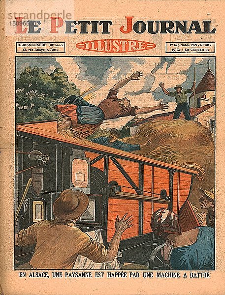 Im Elsass wird eine Bäuerin von einer Dreschmaschine erfasst  1929. Schöpfer: Unbekannt.