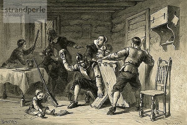 Puritaner verbarrikadieren ihr Haus gegen Indianer   (1877). Schöpfer: Albert Bobbett.