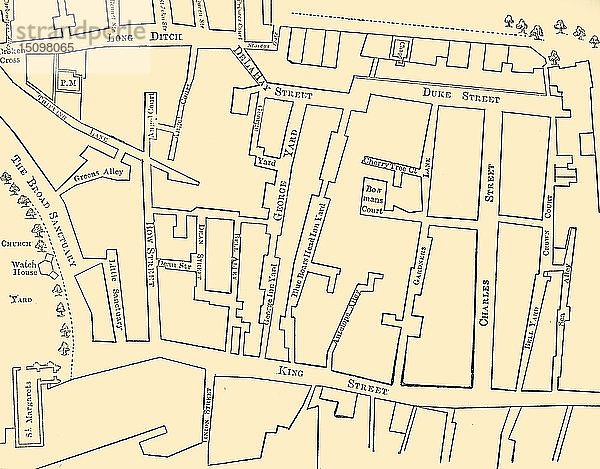 Plan eines Teils von Westminster zwischen 1734 und 1748 - vor der Errichtung der Great George Street Schöpfer: Unbekannt.