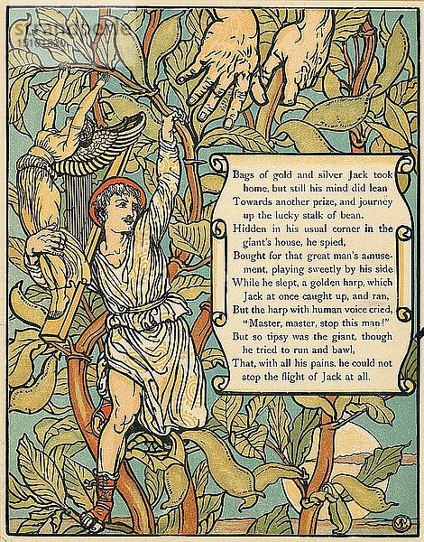 Jack  der die Bohnenranke hinabsteigt  aus Jack and the Beanstalk pub. 1875 (Farblithographie)  1875. Schöpfer: Walter Crane (1845 - 1915).