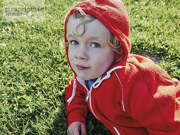 Porträt eines kleinen Jungen auf einer Wiese mit roter Jacke mit Kapuze