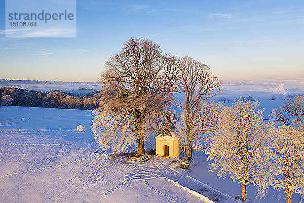 Deutschland  Bayern  Degerndorf  Winterlandschaft mit Maria-Dank-Kapelle auf dem Fürst-Tegernberg bei Sonnenaufgang  Luftaufnahme