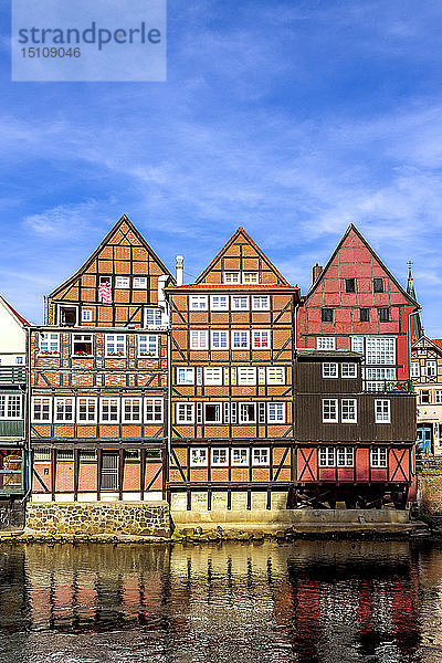 Fachwerk- und Giebelhäuser am Fluss Ilmenau  Lüneburg  Deutschland