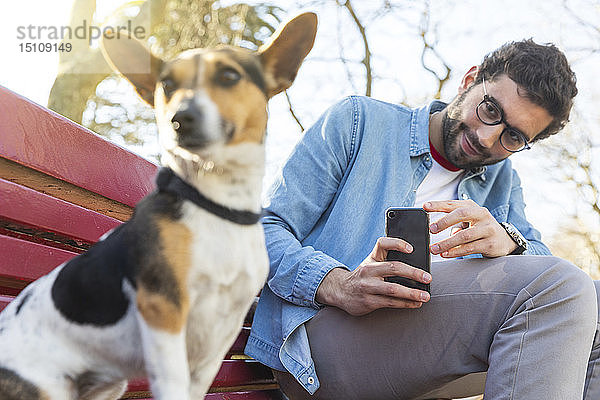 Porträt eines jungen Mannes  der auf einer Parkbank sitzt und seinen Hund mit einem Smartphone fotografiert