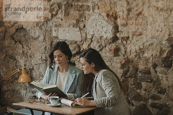 Zwei junge Frauen mit Notizbuch und Buch in einem Cafe