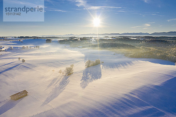 Deutschland  Bayern  bei Muensing  Winterlandschaft mit Alpen bei Sonnenaufgang  Luftaufnahme