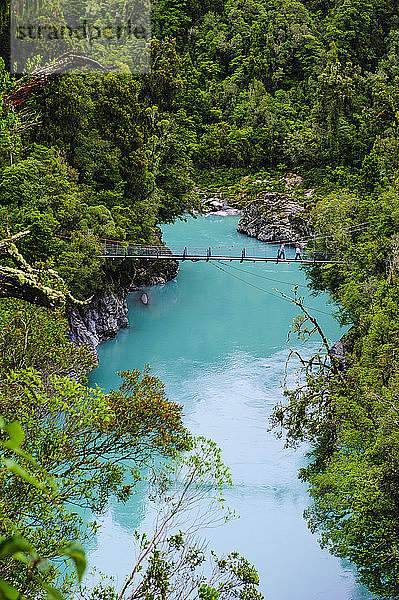 Schwenkbrücke über dem türkisfarbenen Wasser in der Hokitika-Schlucht  Südinsel  Neuseeland