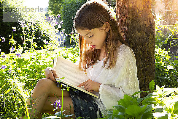 Kleines Mädchen lehnt am Baumstamm und liest ein Buch