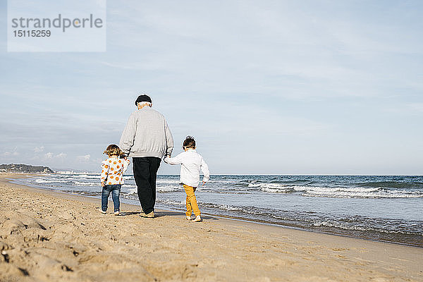 Rückansicht eines Großvaters  der mit seinen Enkelkindern Hand in Hand am Strand spazieren geht