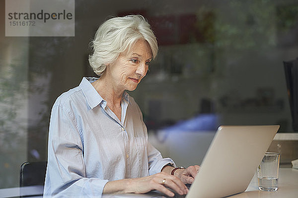 Porträt einer lächelnden reifen Frau  die zu Hause einen Laptop benutzt
