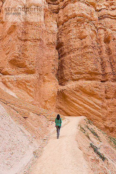 Frau  die ihre Tochter in einem Tragesitz trägt und auf einem Pfad geht  Bryce Canyon  Utah  USA