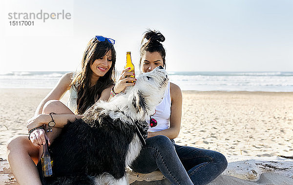 Zwei Frauen mit Hund und Bierflaschen am Strand