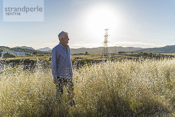 Älterer Mann steht bei Sonnenuntergang auf einem Feld