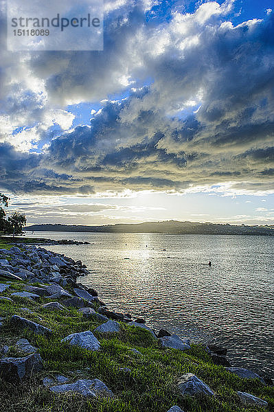 Spätes Nachmittagslicht bei Sonnenuntergang über dem Ufer des Lake Taupo  Nordinsel  Neuseeland