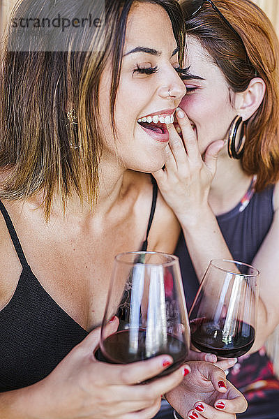 Zwei glückliche Frauen bei einem Glas Rotwein