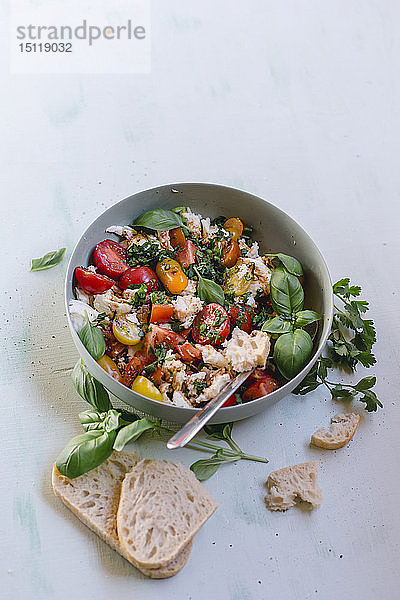 Schale mit Mozzarella  Tomaten und Basilikum mit Balsamico-Essig  Olivenöl und Ciabatta