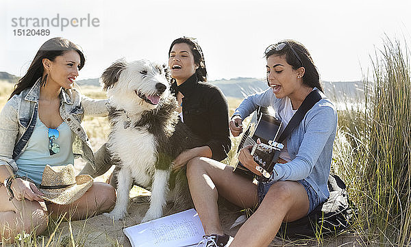 Junge Frau mit Freunden und Hund spielt Gitarre am Strand