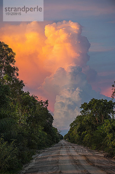 Schöne beleuchtete Wolke über einem Feldweg  Pantanal  Brasilien