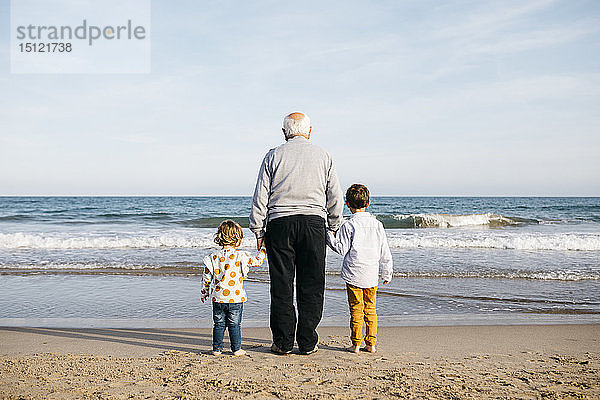 Rückenansicht des Großvaters  der mit seinen Enkeln Hand in Hand am Strand steht und das Meer beobachtet