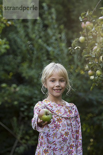 Porträt eines lächelnden Mädchens  das einen Apfel anbietet