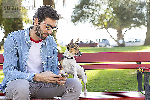 Junger Mann sitzt mit seinem Hund auf Parkbank und benutzt Smartphone