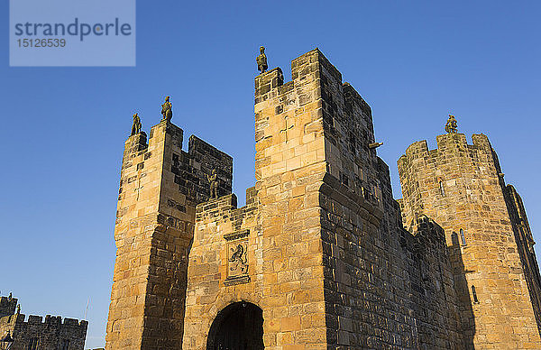 Die mittelalterliche Barbakane und das Torhaus von Alnwick Castle  Sonnenuntergang  Alnwick  Northumberland  England  Vereinigtes Königreich  Europa