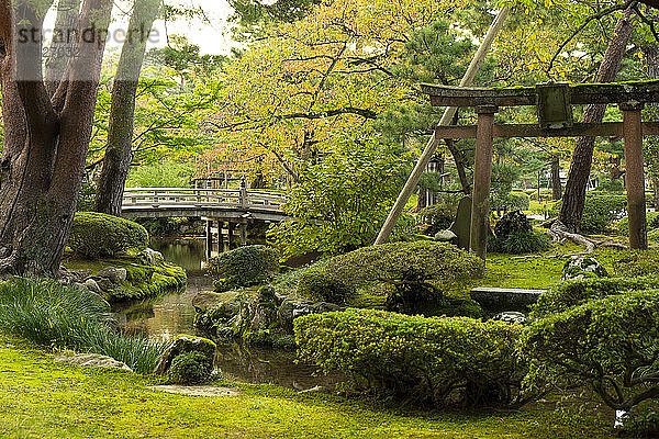 Hanambashi-Brücke und Steintor umgeben von Herbstlaub im Kenrokuen-Garten  Kanazawa  Ishigawa  Japan  Asien